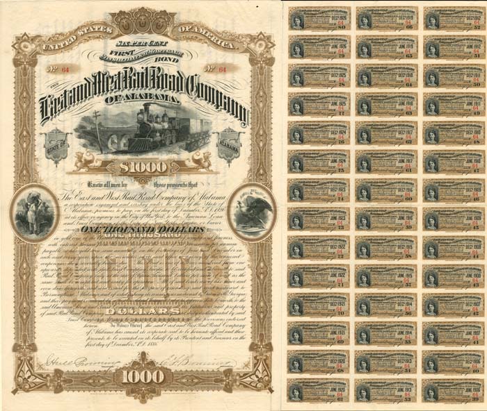 East and West Railroad Co. of Alabama - 1886 dated $1,000 Railway Bond